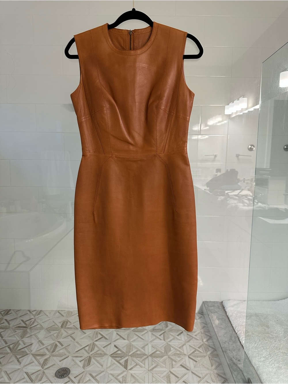 O'2nd Sleeveless Leather Sheath Dress in Cognac